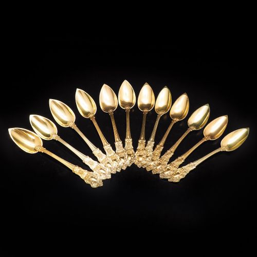 Magnificent Antique Vermeil (Silver Gilt) French Teaspoons - Boxed Set of 12