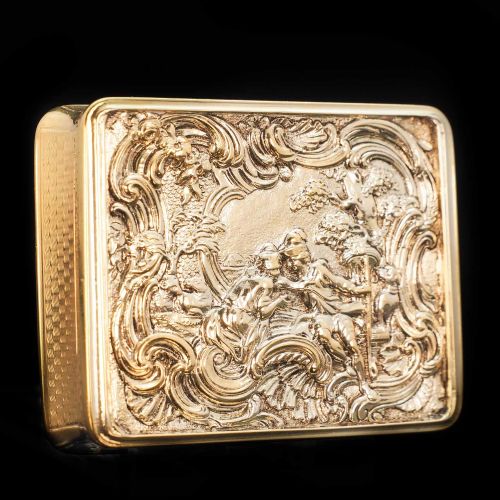 Magnificent Silver Gilt Georgian Rococo Snuff Box with Shepherd Boy Scene - James Barrat 1816