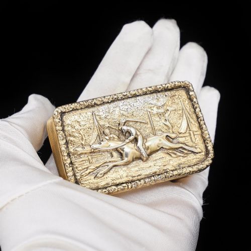 fig 2. Silver Gilt Snuff Box with High Relief Horse Riding Design - Joseph Willmore 1836