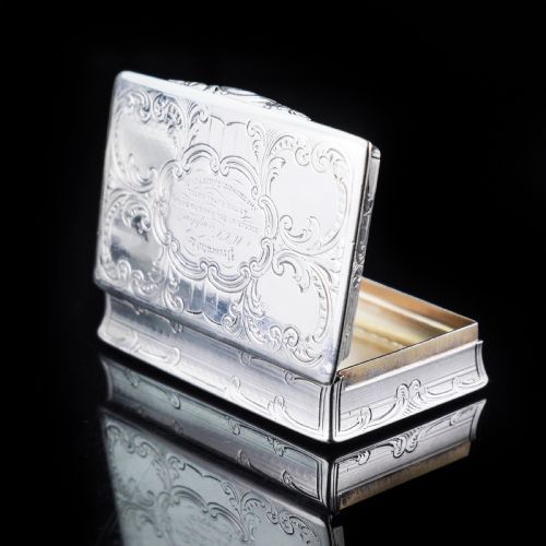 Antique Table Silver Snuff Box with Hand Engraved Scrolls - Victorian 1850