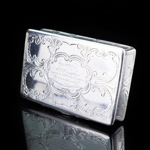 fig 1. Antique Table Silver Snuff Box with Hand Engraved Scrolls - Victorian 1850