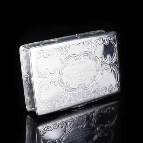 fig 2. Antique Table Silver Snuff Box with Hand Engraved Scrolls - Victorian 1850