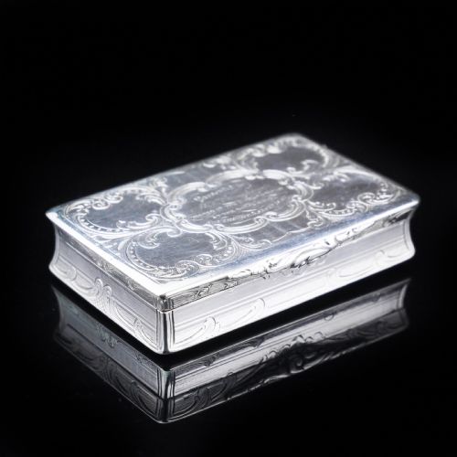 fig 4. Antique Table Silver Snuff Box with Hand Engraved Scrolls - Victorian 1850