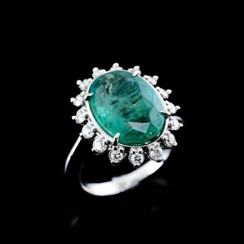fig 6. 5CT Natural Emerald & Diamond 14K White Gold Cluster Ring GIA Certified