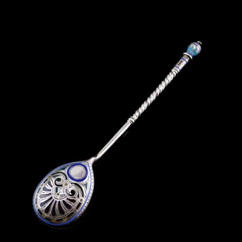 Antique Imperial Russian Solid Silver Plique a Jour Champleve Enamel Spoon - C.1890
