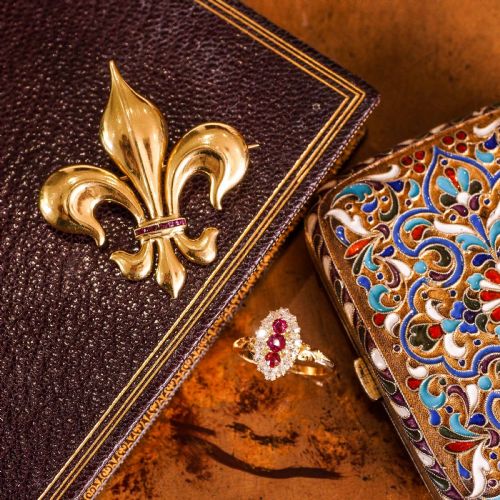 fig 2. Antique Victorian Large 18K Gold & Ruby Fleur De Lis Brooch - c.1900