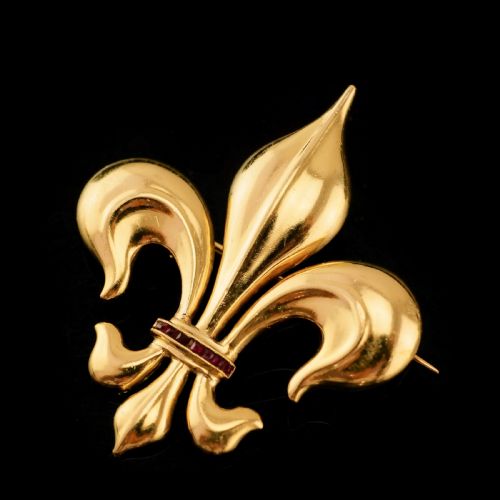 fig 3. Antique Victorian Large 18K Gold & Ruby Fleur De Lis Brooch - c.1900
