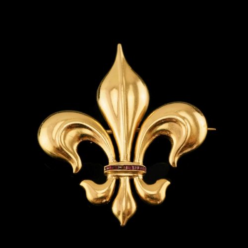 fig 4. Antique Victorian Large 18K Gold & Ruby Fleur De Lis Brooch - c.1900