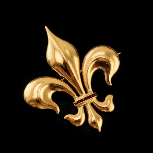 fig 5. Antique Victorian Large 18K Gold & Ruby Fleur De Lis Brooch - c.1900