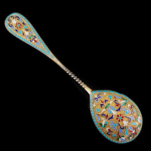 Antique Imperial Russian Large Silver Cloisonne Enamel Serving Spoon - C.1880
