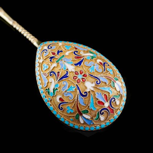 fig 5. Antique Imperial Russian Large Silver Cloisonne Enamel Serving Spoon - c.1880