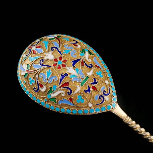 fig 6. Antique Imperial Russian Large Silver Cloisonne Enamel Serving Spoon - c.1880