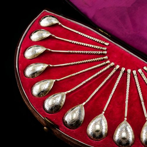 fig 1. Antique Imperial Russian Solid Silver Spoons, Parcel Gilt - Moscow c.1890