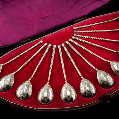 fig 2. Antique Imperial Russian Solid Silver Spoons, Parcel Gilt - Moscow c.1890