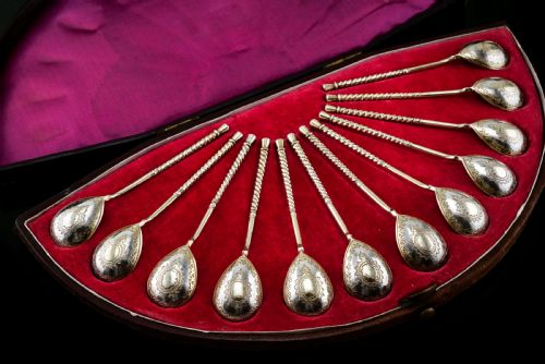 fig 3. Antique Imperial Russian Solid Silver Spoons, Parcel Gilt - Moscow c.1890