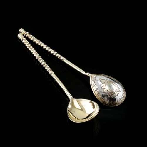 fig 5. Antique Imperial Russian Solid Silver Spoons, Parcel Gilt - Moscow c.1890