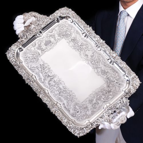 Large Antique Solid Silver Georgian Tray / Salver (70cm) with Chased Border - William Marshall, 1828