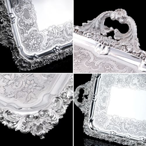 fig 1. Large Antique Solid Silver Georgian Tray / Salver (70cm) with Chased Border - William Marshall, 1828