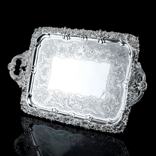 fig 2. Large Antique Solid Silver Georgian Tray / Salver (70cm) with Chased Border - William Marshall, 1828