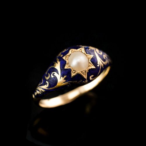 fig 1. A Fabulous Antique Victorian 18K Gold Enamel & Pearl Ring with Scrolled Decorations - c.1880
