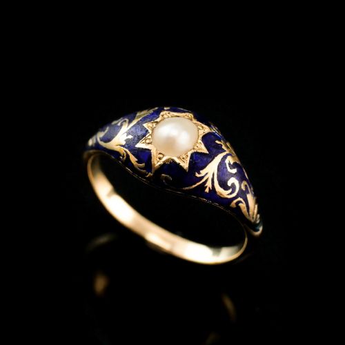 fig 2. A Fabulous Antique Victorian 18K Gold Enamel & Pearl Ring with Scrolled Decorations - c.1880