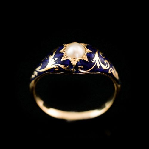 fig 4. A Fabulous Antique Victorian 18K Gold Enamel & Pearl Ring with Scrolled Decorations - c.1880