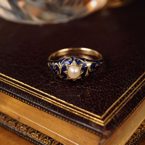 fig 6. A Fabulous Antique Victorian 18K Gold Enamel & Pearl Ring with Scrolled Decorations - c.1880