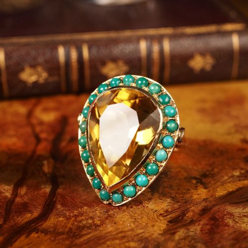 Huge Citrine (~17ct) and Turquoise 18k Gold Ring Pear Cut