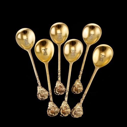 Antique Victorian Solid Silver Gilt Set of 6 Spoons in Naturalistic Leaf Design - Francis Higgins 1875