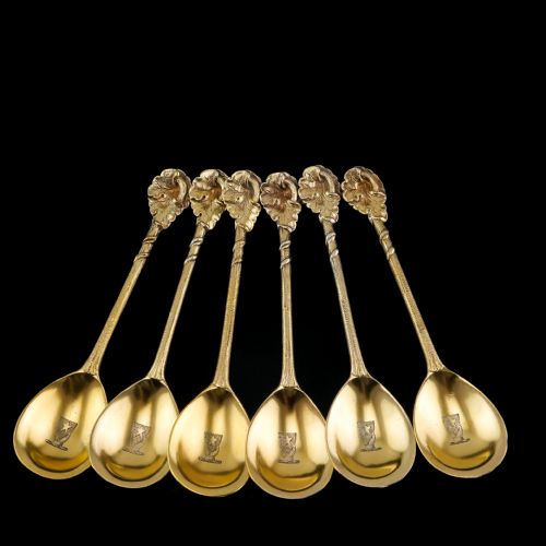 fig 1. Antique Victorian Solid Silver Gilt Set of 6 Spoons in Naturalistic Leaf Design - Francis Higgins 1875