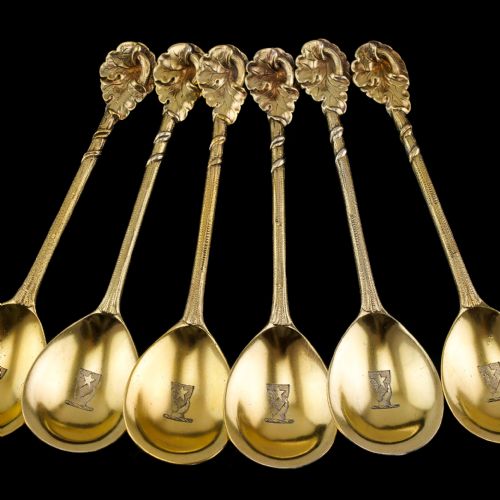 fig 2. Antique Victorian Solid Silver Gilt Set of 6 Spoons in Naturalistic Leaf Design - Francis Higgins 1875