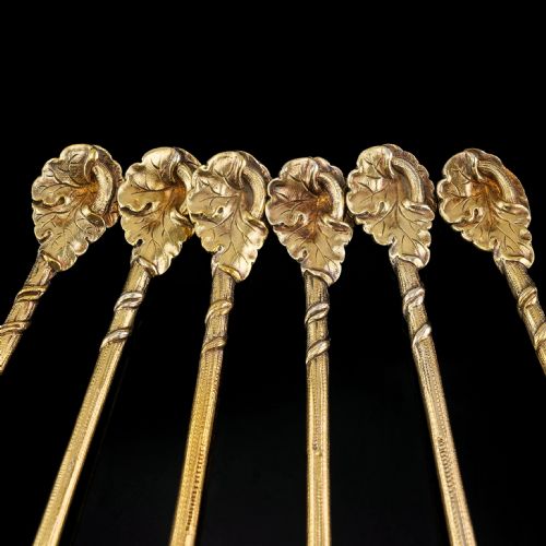 fig 3. Antique Victorian Solid Silver Gilt Set of 6 Spoons in Naturalistic Leaf Design - Francis Higgins 1875