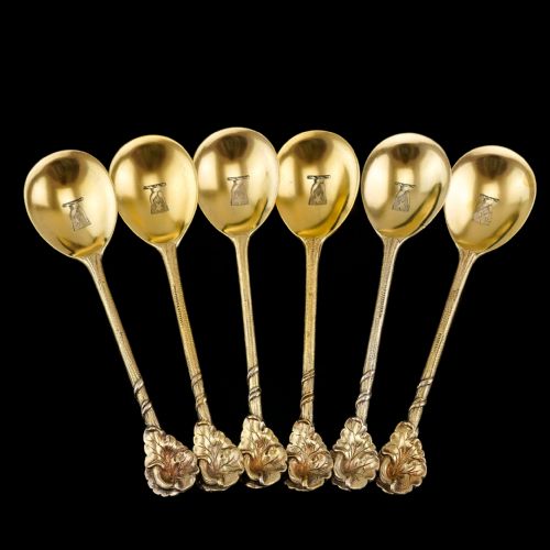 fig 4. Antique Victorian Solid Silver Gilt Set of 6 Spoons in Naturalistic Leaf Design - Francis Higgins 1875