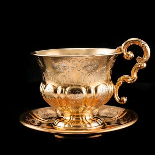 fig 1. Antique Solid Silver Gilt Cup & Saucer with Fine Engravings - c.1880