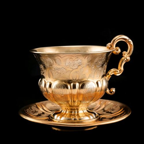 fig 2. Antique Solid Silver Gilt Cup & Saucer with Fine Engravings - c.1880