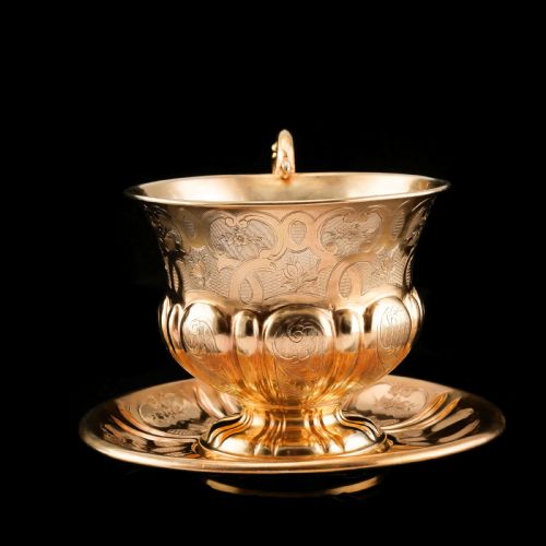 fig 3. Antique Solid Silver Gilt Cup & Saucer with Fine Engravings - c.1880