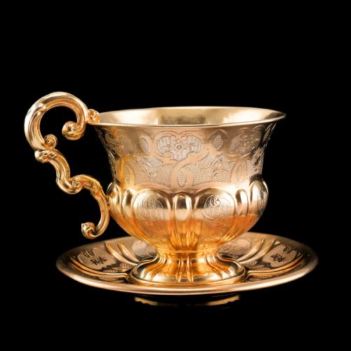 fig 4. Antique Solid Silver Gilt Cup & Saucer with Fine Engravings - c.1880