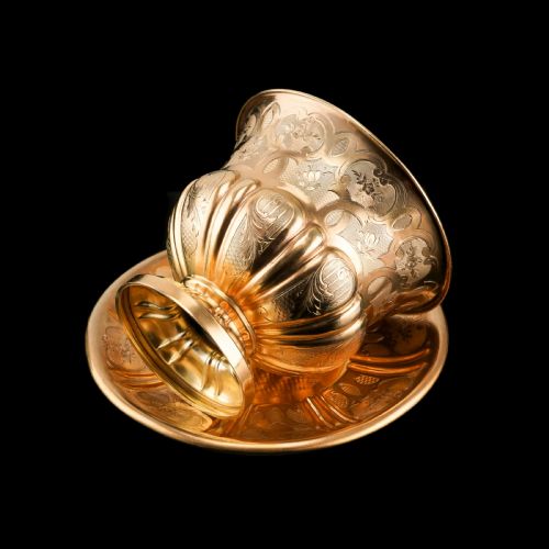 fig 6. Antique Solid Silver Gilt Cup & Saucer with Fine Engravings - c.1880
