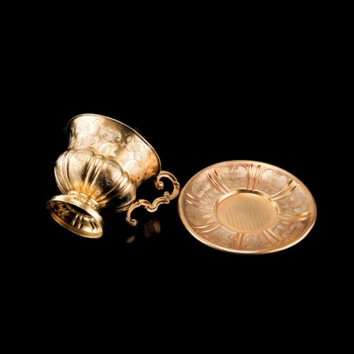 fig 7. Antique Solid Silver Gilt Cup & Saucer with Fine Engravings - c.1880