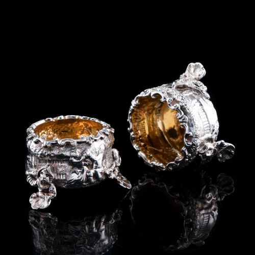 fig 1. Antique Solid Silver Victorian Salt Cellars in Teniers Style - Daniel & Charles Houle 1878