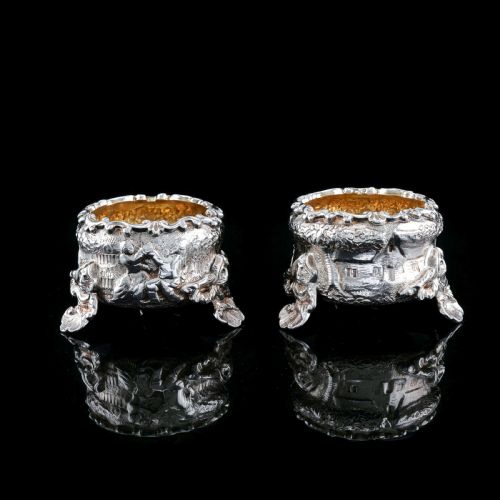 fig 3. Antique Solid Silver Victorian Salt Cellars in Teniers Style - Daniel & Charles Houle 1878