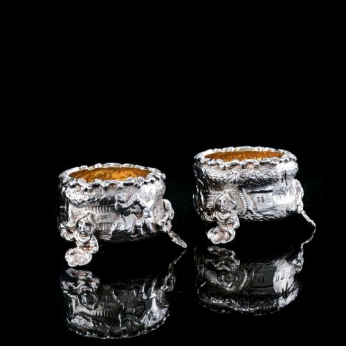 fig 5. Antique Solid Silver Victorian Salt Cellars in Teniers Style - Daniel & Charles Houle 1878