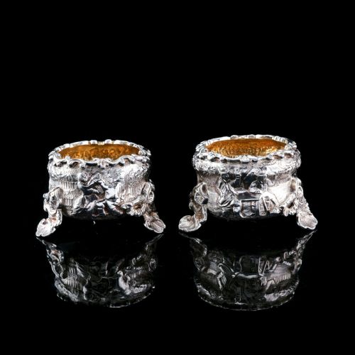 fig 6. Antique Solid Silver Victorian Salt Cellars in Teniers Style - Daniel & Charles Houle 1878