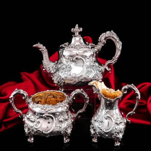 Antique Victorian Solid Silver 3 Piece Tea Set/service with Fabulous 'Louis' Style Chasing and Figural Masks - Barnard 1857