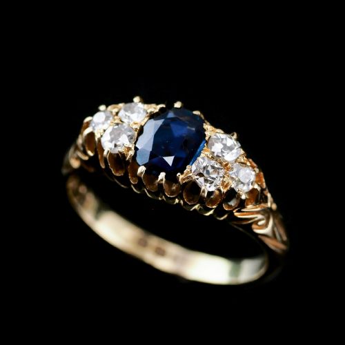 Antique Victorian 18k Gold Sapphire & Diamond Ring - C.1880
