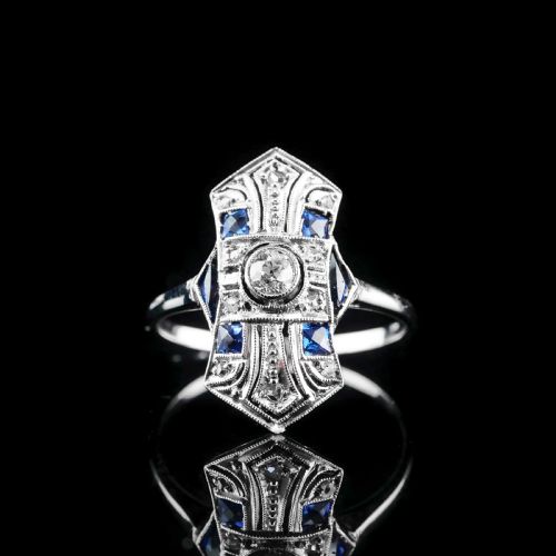 Antique Art Deco 18k White Gold Diamond & Sapphire Ring