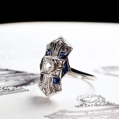 fig 1. Antique Art Deco 18K White Gold Diamond & Sapphire Ring