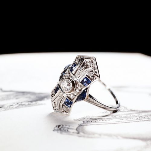 fig 3. Antique Art Deco 18K White Gold Diamond & Sapphire Ring