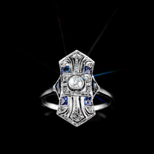 fig 7. Antique Art Deco 18K White Gold Diamond & Sapphire Ring