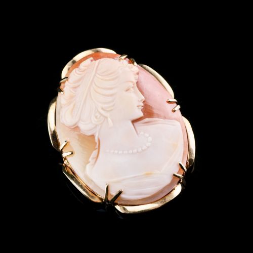 fig 1. 9K Gold Cameo Brooch with Hand Engraved Maiden Head